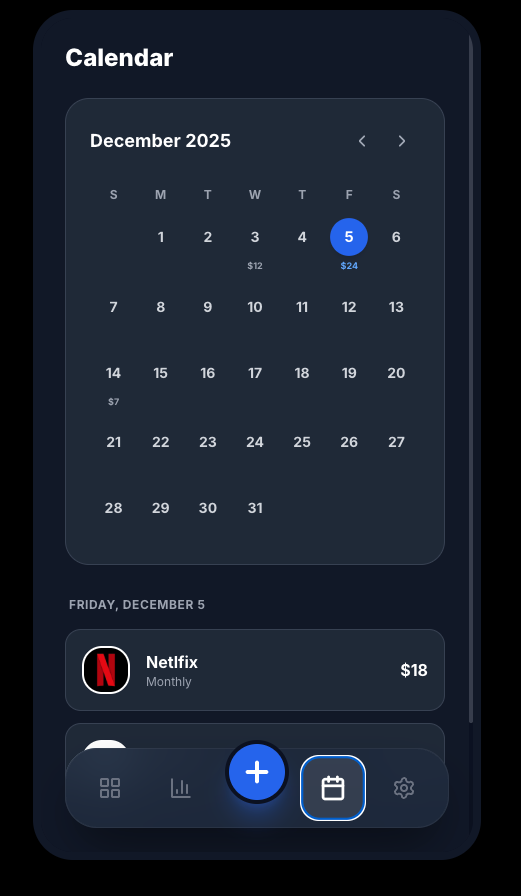 Spendloop renewal calendar screen