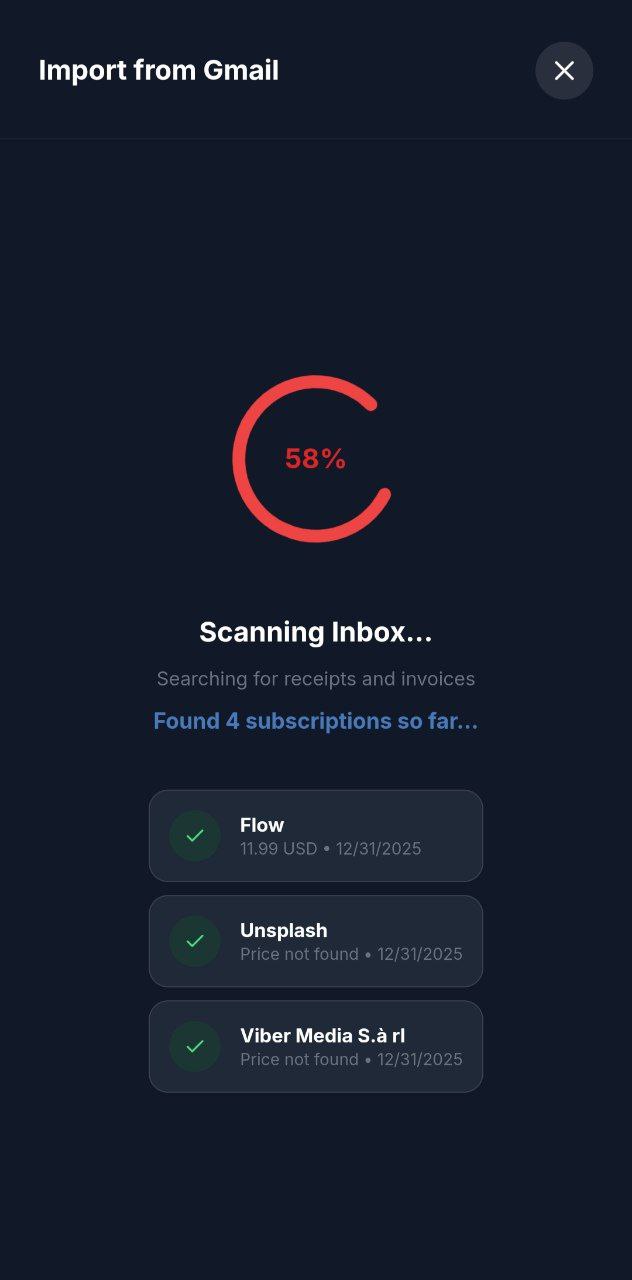 Spendloop Gmail import scanning screen